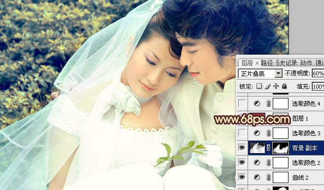 Photoshop将外景婚片调成淡淡的黄绿蜜糖色