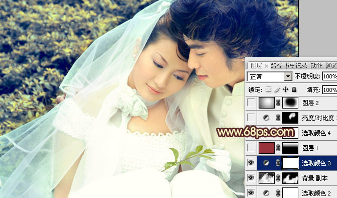 Photoshop将外景婚片调成淡淡的黄绿蜜糖色