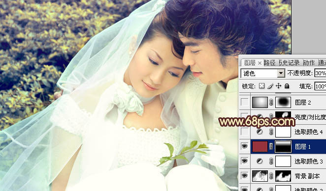 Photoshop将外景婚片调成淡淡的黄绿蜜糖色