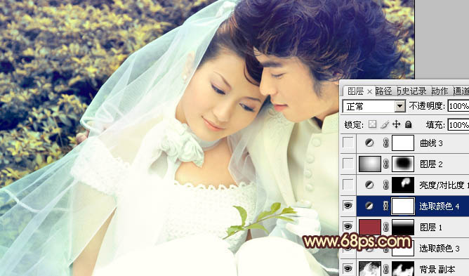 Photoshop将外景婚片调成淡淡的黄绿蜜糖色