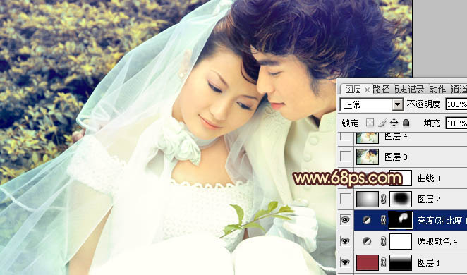 Photoshop将外景婚片调成淡淡的黄绿蜜糖色