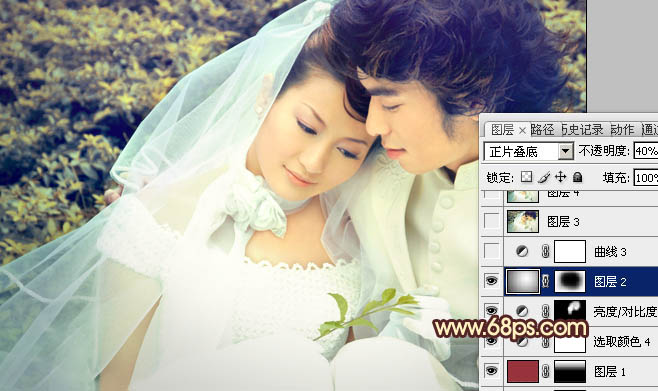 Photoshop将外景婚片调成淡淡的黄绿蜜糖色