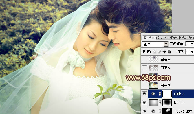 Photoshop将外景婚片调成淡淡的黄绿蜜糖色