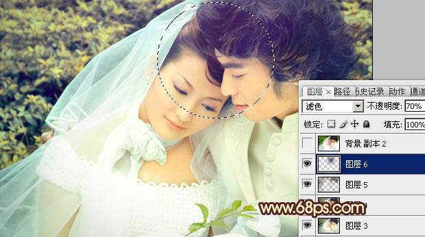 Photoshop将外景婚片调成淡淡的黄绿蜜糖色