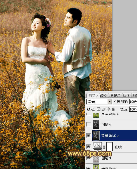 Photoshop制作柔和的金色花朵背景婚片