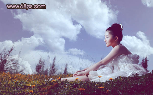 Photoshop将草原婚片调成柔美的暗调橙紫色