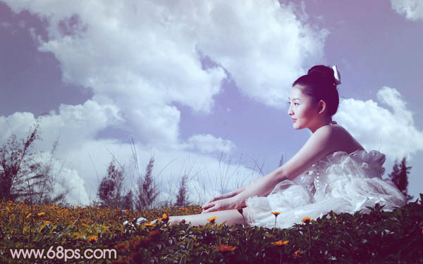 Photoshop将草原婚片调成柔美的暗调橙紫色