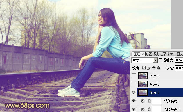 Photoshop将铁轨图片调成柔美的橙蓝色