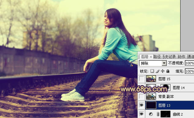 Photoshop将铁轨图片调成柔美的橙蓝色