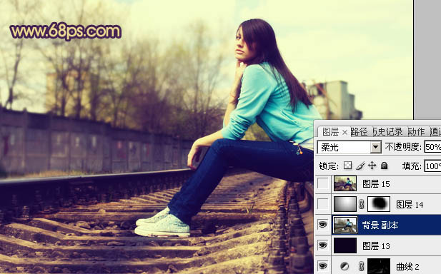 Photoshop将铁轨图片调成柔美的橙蓝色