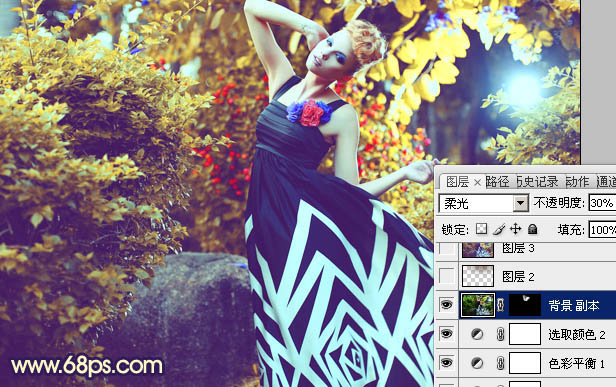 Photoshop下将树林模特图片调成鲜艳的橙色调