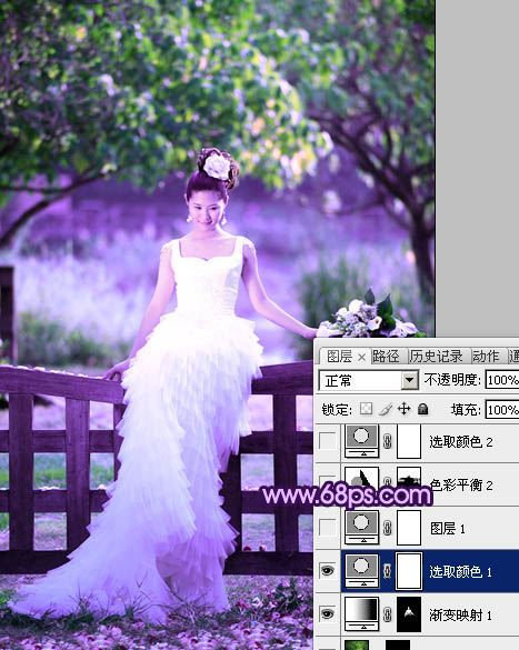 Photoshop中将树林美女婚片调成唯美的绿紫色