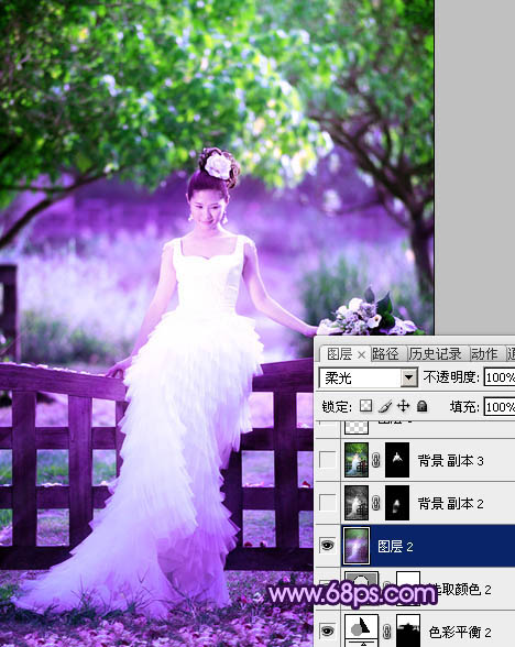 Photoshop中将树林美女婚片调成唯美的绿紫色
