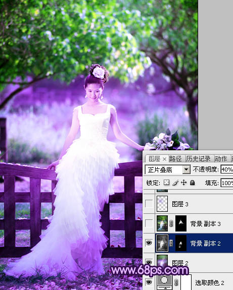 Photoshop中将树林美女婚片调成唯美的绿紫色