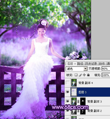 Photoshop中将树林美女婚片调成唯美的绿紫色