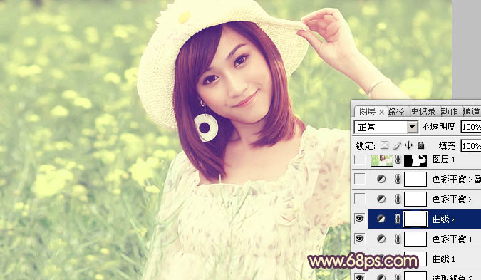 Photoshop将春季外景女孩图片调成柔美的粉黄色