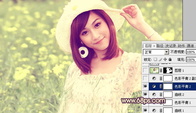 Photoshop将春季外景女孩图片调成柔美的粉黄色