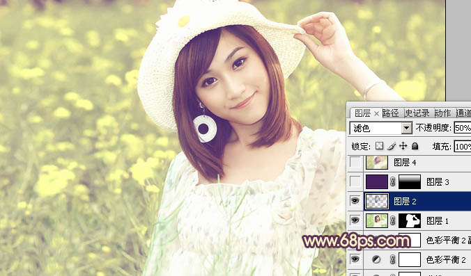 Photoshop将春季外景女孩图片调成柔美的粉黄色