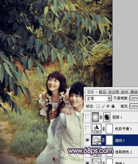 Photoshop下将树林婚片调成淡雅的中性黄青色