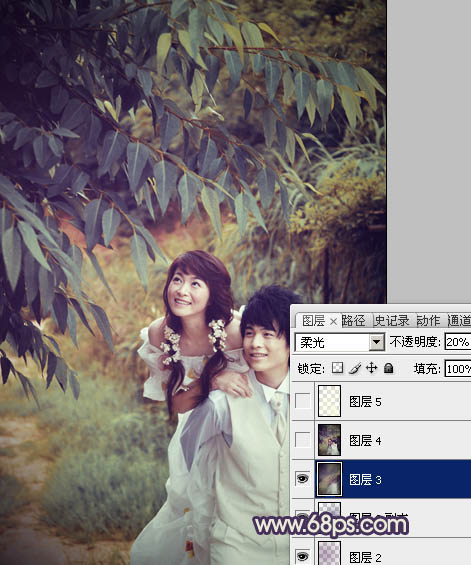Photoshop下将树林婚片调成淡雅的中性黄青色