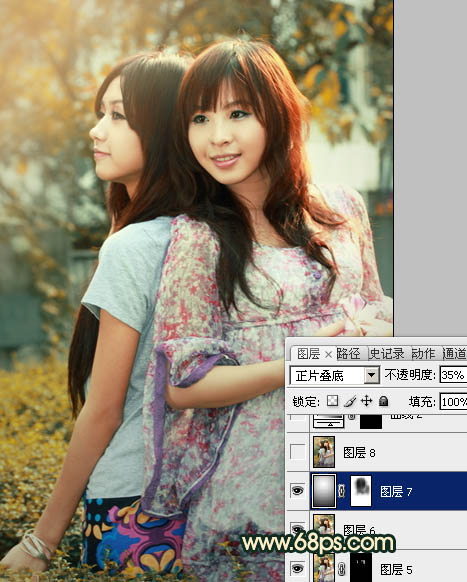 Photoshop将春季外景人物图片调成柔美的橙绿色