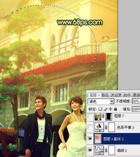 Photoshop将建筑婚片调成温馨的朝霞色