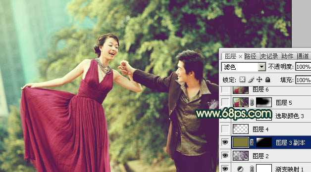 Photoshop将公园婚片调成柔美的青绿色