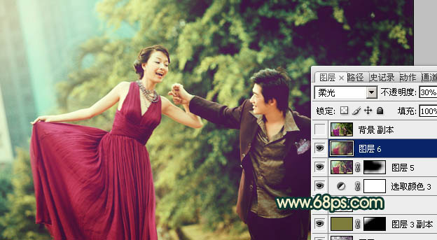 Photoshop将公园婚片调成柔美的青绿色