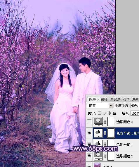 Photoshop将桃林婚片调成艳丽的紫红色