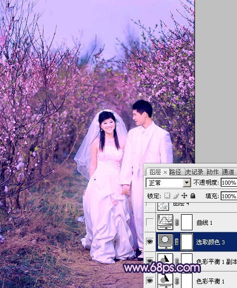 Photoshop将桃林婚片调成艳丽的紫红色
