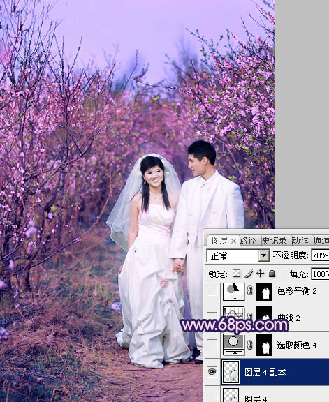 Photoshop将桃林婚片调成艳丽的紫红色
