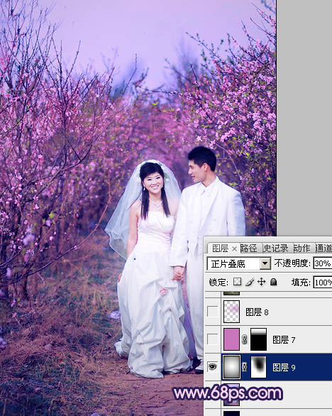 Photoshop将桃林婚片调成艳丽的紫红色