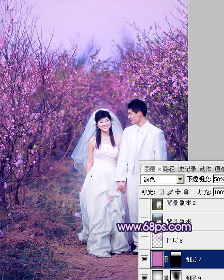 Photoshop将桃林婚片调成艳丽的紫红色