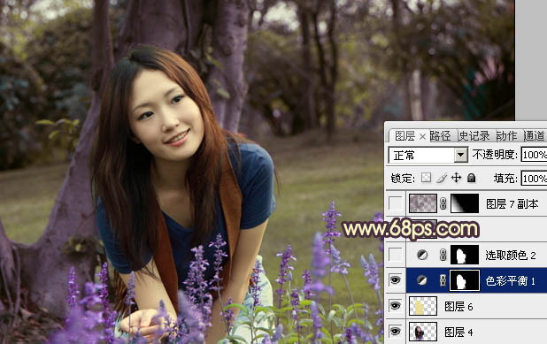 Photoshop将树林美女图片调成温馨的黄紫色