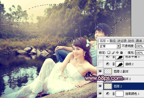 Photoshop将池景婚片调成柔美的蓝红色