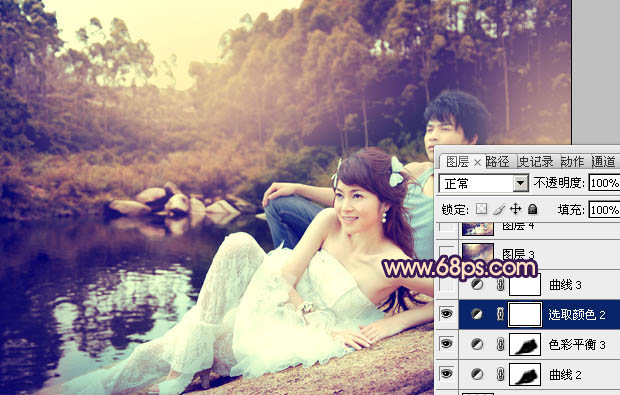 Photoshop将池景婚片调成柔美的蓝红色