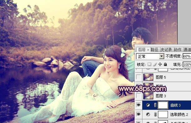 Photoshop将池景婚片调成柔美的蓝红色