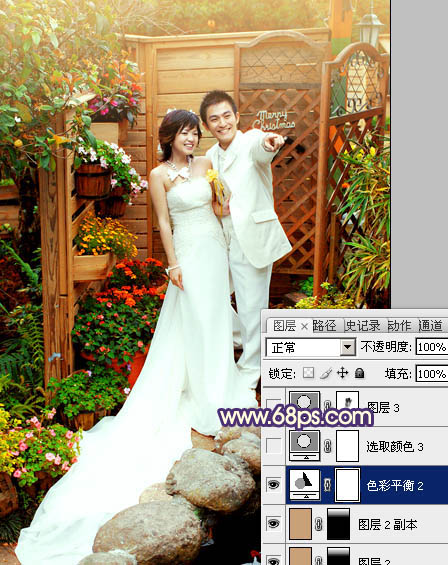 Photoshop将园林婚片调成甜美的暖红色