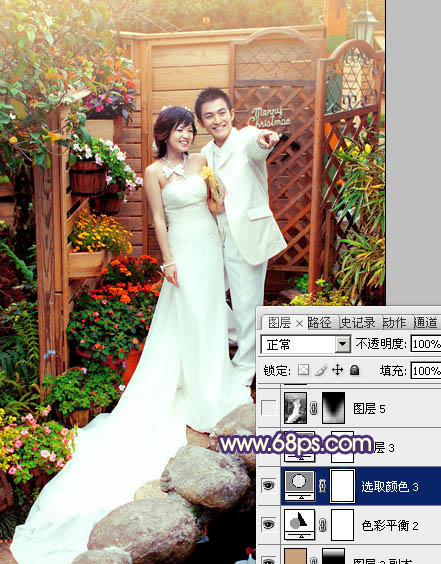 Photoshop将园林婚片调成甜美的暖红色