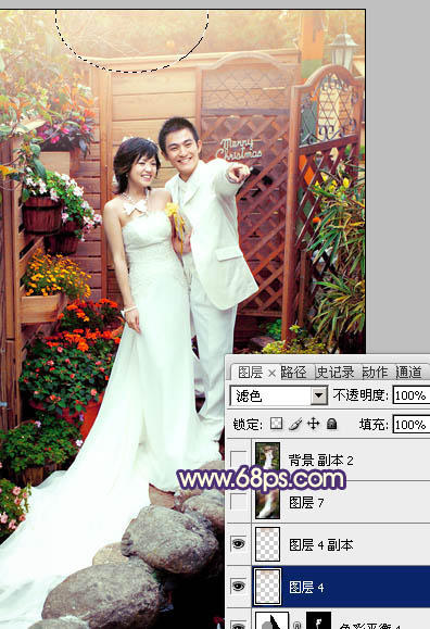 Photoshop将园林婚片调成甜美的暖红色