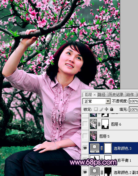 Photoshop将春季外景人物图片调成甜美的桃花色