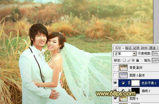 Photoshop将外景婚片调成柔美的粉橙色