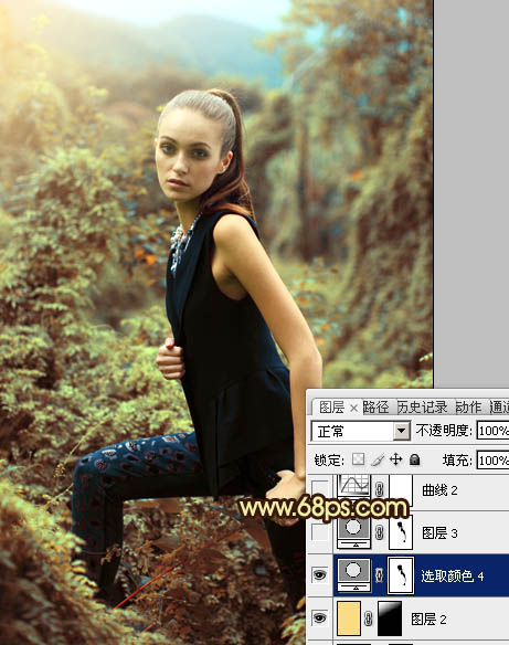 Photoshop将树林模特图片调制出柔美的青褐色效果