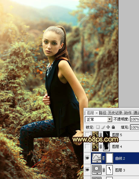 Photoshop将树林模特图片调制出柔美的青褐色效果