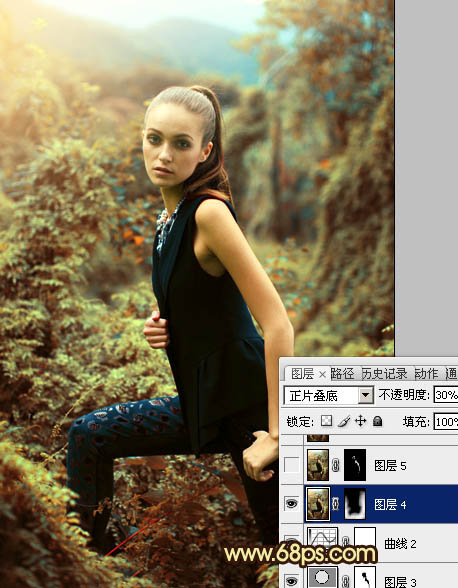 Photoshop将树林模特图片调制出柔美的青褐色效果