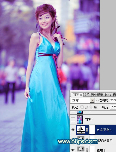 Photoshop下将街景女孩图片调成时尚的青蓝色