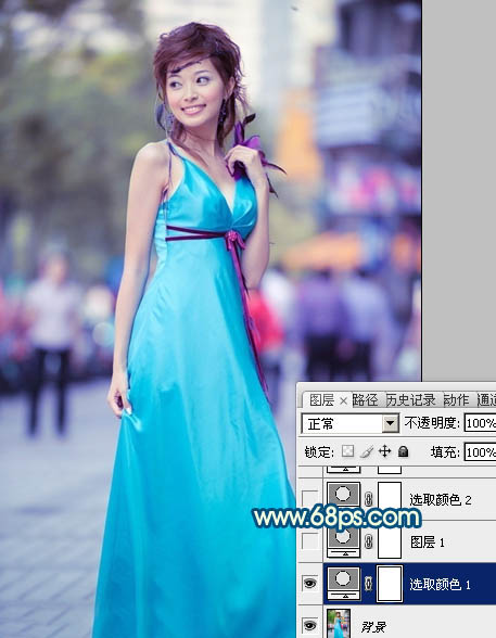 Photoshop下将街景女孩图片调成时尚的青蓝色