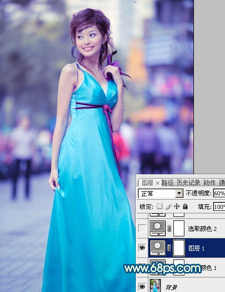 Photoshop下将街景美女图片调成时尚的青蓝色