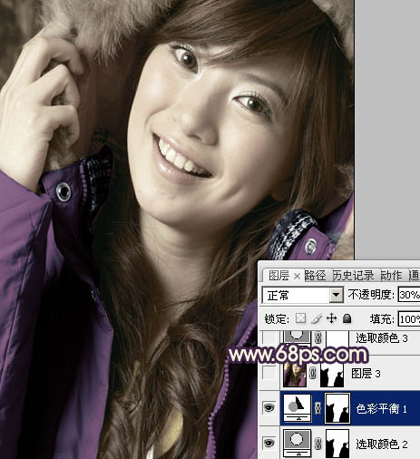 Photoshop下将人物特写调成个性的暗调黄紫色