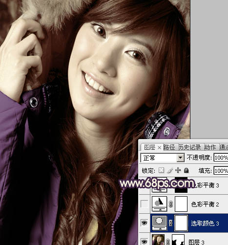 Photoshop下将人物特写调成个性的暗调黄紫色